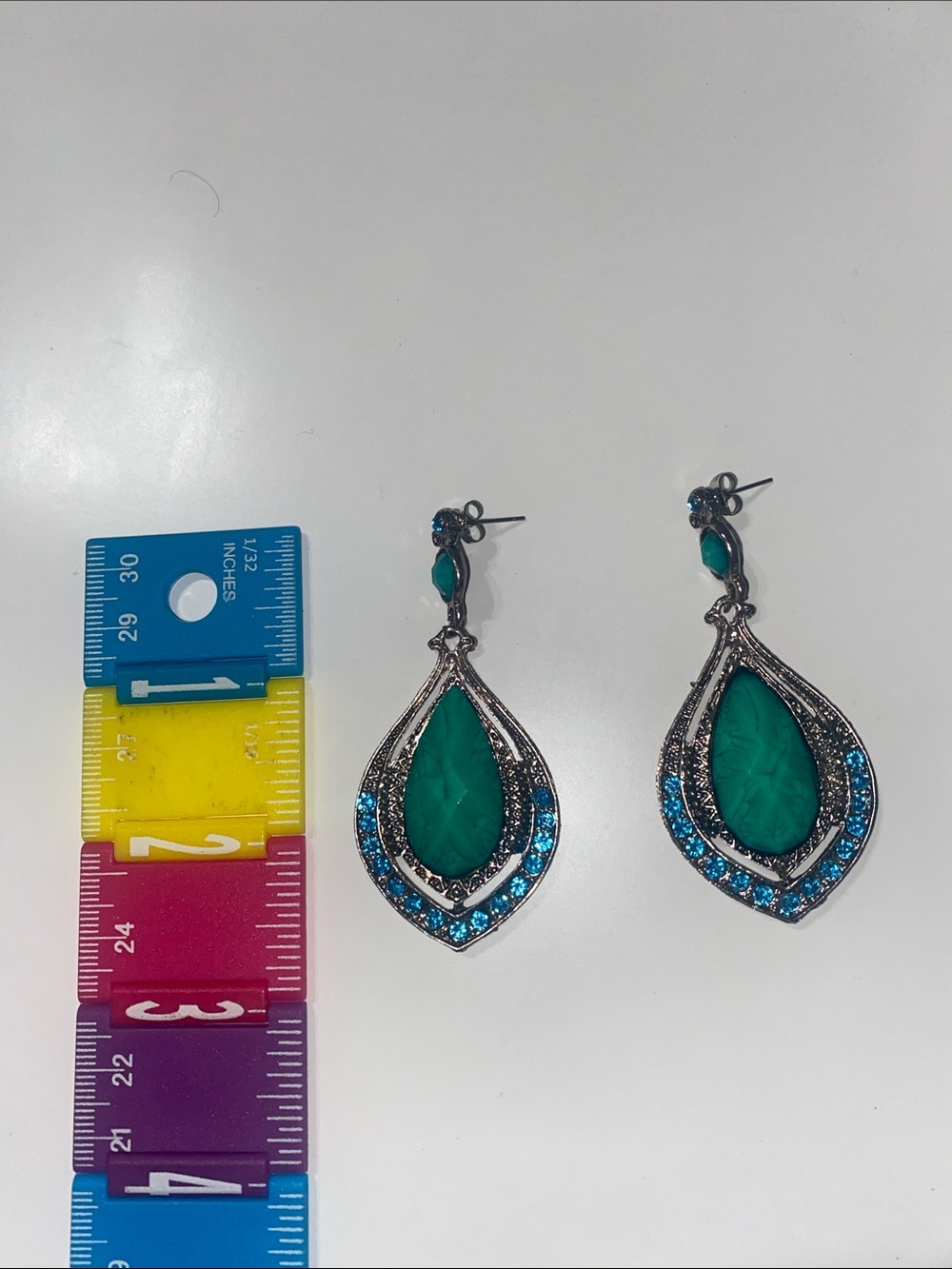 Green Teardrop Statement Earrings with Blue Accents - Picture 3 of 3